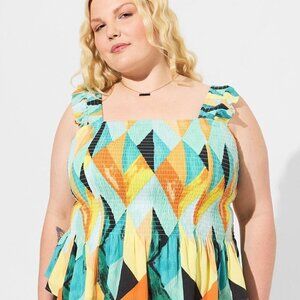 Torrid - Peplum Washable Crinkle Gauze Smocked Tank Top in Geo-Multi​​​​​​​​​